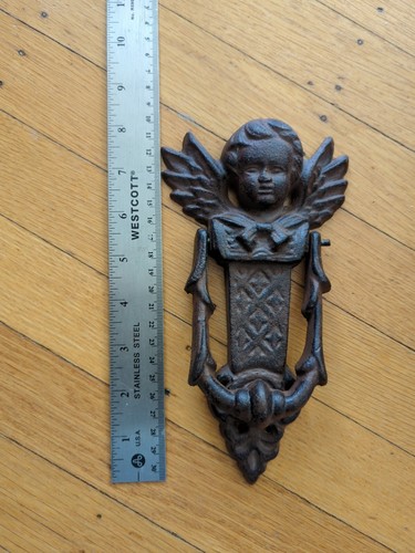 Door Knocker - Cast Iron - Rustic -Guardian Angel Cherub 8”x 4.5" Excellent - Picture 4 of 4