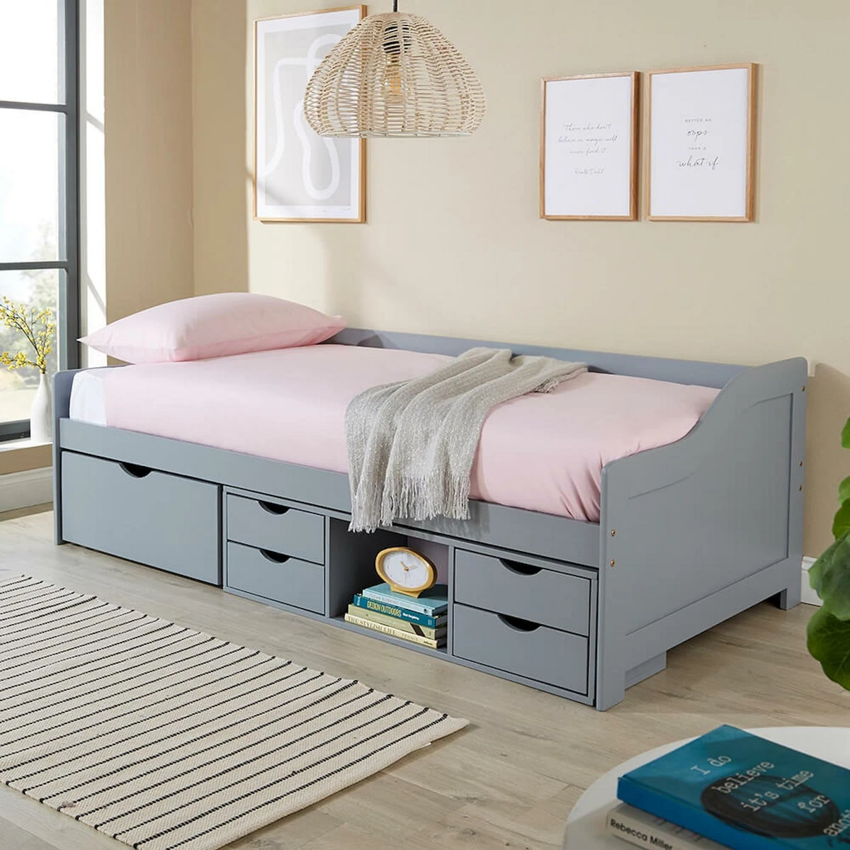 Grey White Solid Pine Cabin Bed 3ft Single Guest Under Storage