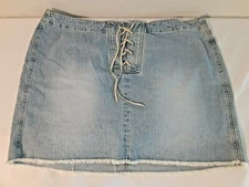 Venezia Jeans Womens Denim Skirt Size 20 Fringed Hem Laced Front Faded Blue 