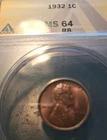 1932 Lincoln Cent ANACS MS 64 RB