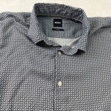 BOSS Hugo Boss Mens Shirt Medium Roger Geometric Pattern Slim Fit Lyocel