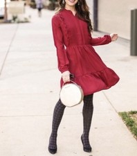 J Crew Mercantile Maroon Tiered Long Sleeve Dress Women Size 2 Pintucked Front