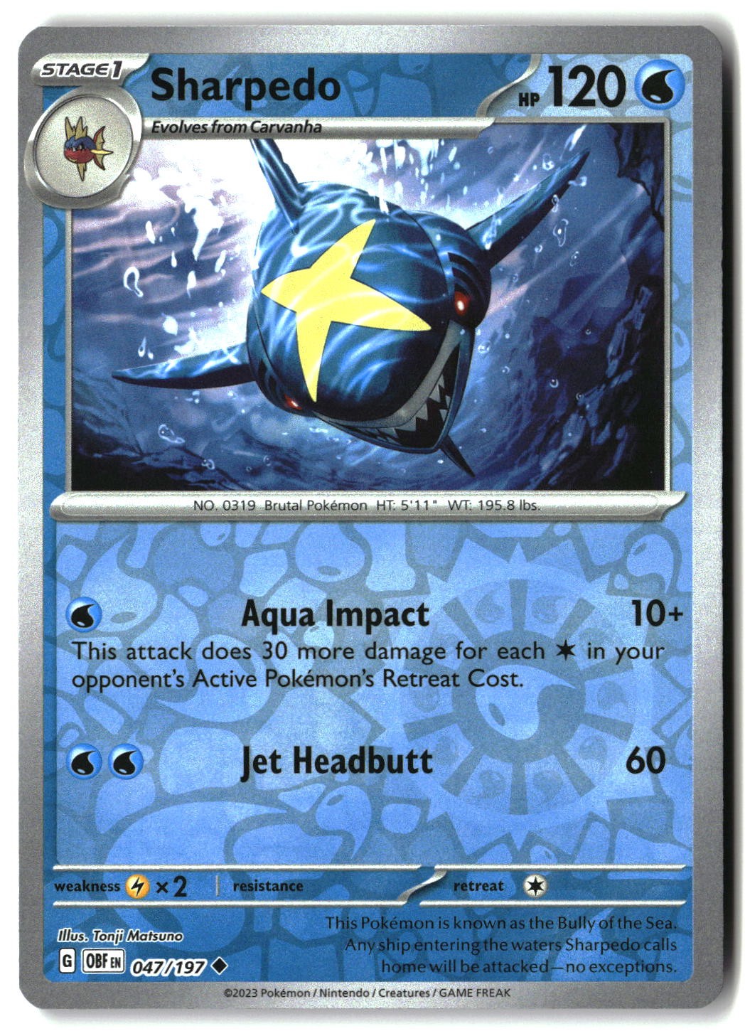 Sharpedo 047/197 Uncommon Obsidian Flames Pokemon Reverse Holo Near Mint