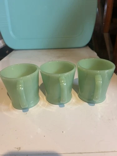 3 Vintage Fire King Oven Ware Jadeite Green Coffee Cups D Handle Glass Mugs