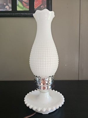 Hobnail Milk Glass 13.5'' Lamp Hurricane Electric Parlor Table Lamp Vintage