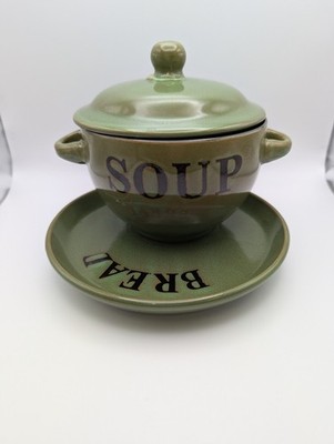 Suppenschüssel mit Deckel & Brotteller grün Keramik sehr guter Zustand