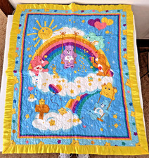Vintage 80s CARE BEARS Crib QUILT Blanket 34x42 Rainbow Nursery