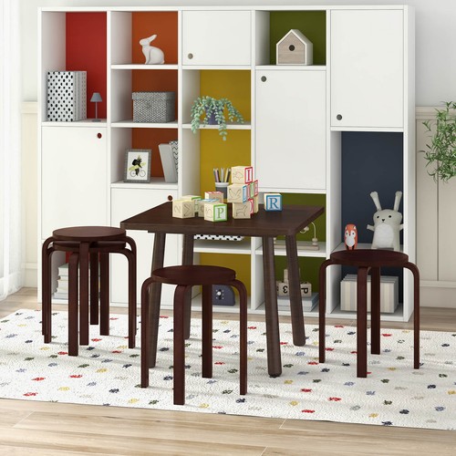 Set of 4 18" Stacking Stool Round Dining Chair Backless Wood Home Decor Brown - Picture 3 of 9