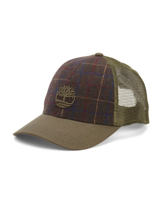 Timberland Men's Trucker Cap Hat Plaid Leaf Green 5D Logo Adjustable