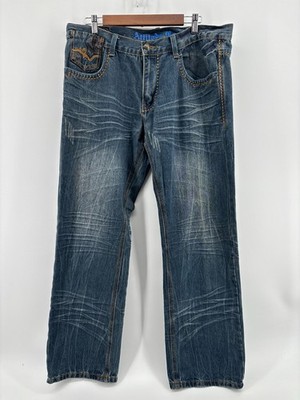 Attitude Gold Straight Leg Mens Blue Denim Cotton Streetwear Whisker 40x34 Y2K