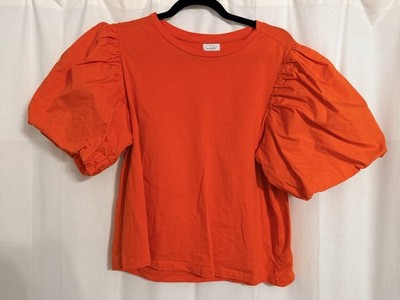 Mud Pie Orange Puff Sleeve Top Size M Women s Balloon Sleeve Blouse
