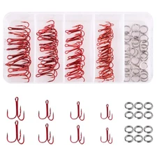 Red Treble Hooks Kit, Circle Round Bend Triple Fishing Hooks Stainless Steel ...