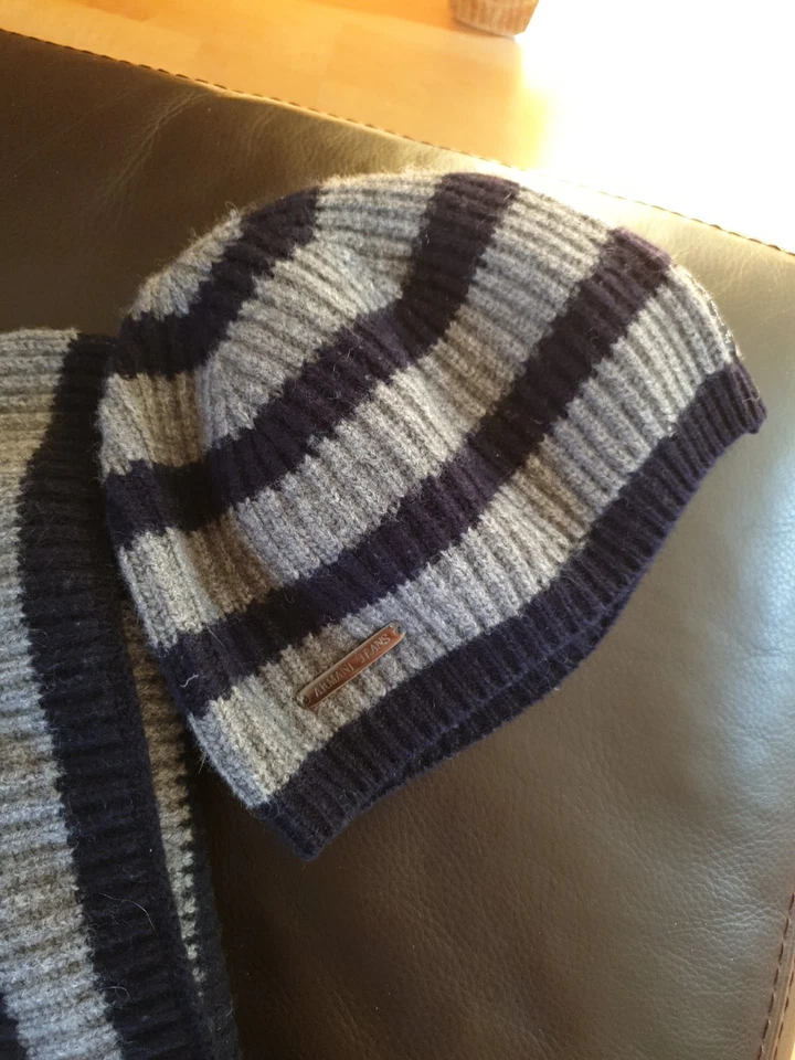 AJ   Armani Jeans  Schal und Mütze  Wolle Cashmere Seide Blau Grau - Bild 3 von 4