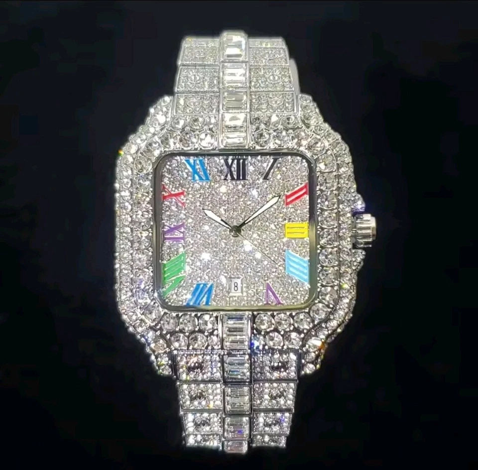 全新 2025 男式 ICED OUT 钻石/莫桑石模拟奢华手表 — 第 2/4 张图片