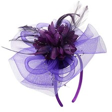 Women Fascinators Hat Feathers Tea Party Hair Clip Veil One Size Purple
