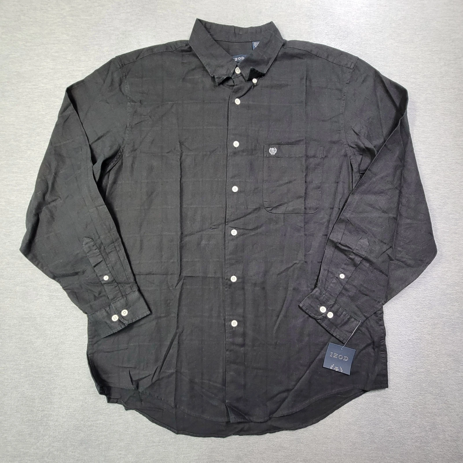 IZOD Shirt Men Large Gray Textured Plaid Linen Button Down Chest Pocket Logo NWT
