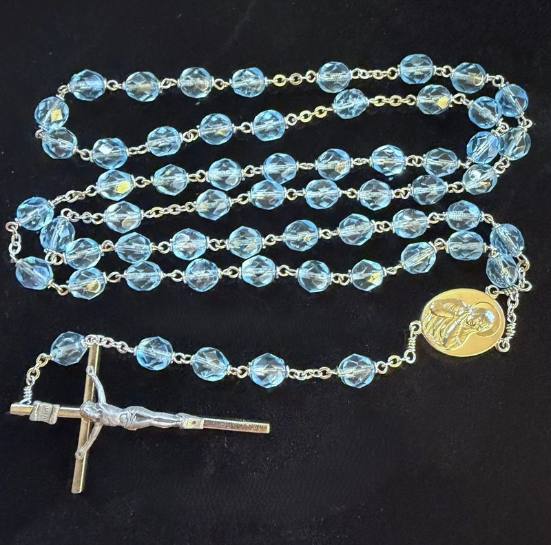 Vintage Blue Topaz Faceted Crystal Halo Capped Bead 21 Inch Catholic Rosary