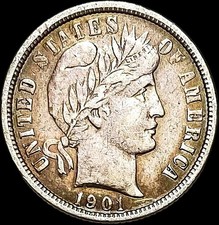 1901-O Silver Barber Dime Coin NEARLY UNCIRCULATED