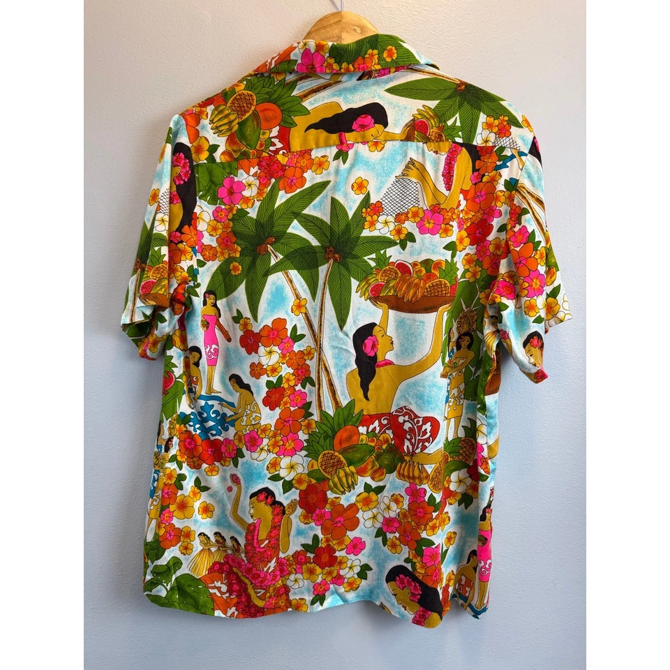 Vintage Iolani Hawaiian Shirt Mens Med Plumeria Hula Dancers Palm Fruit All Over - Image 2 of 4