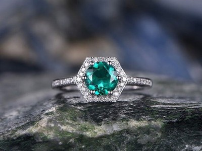 1.10 Ct Round Cut Natural Emerald & Diamond Ring 14K White Gold Ring Size 7