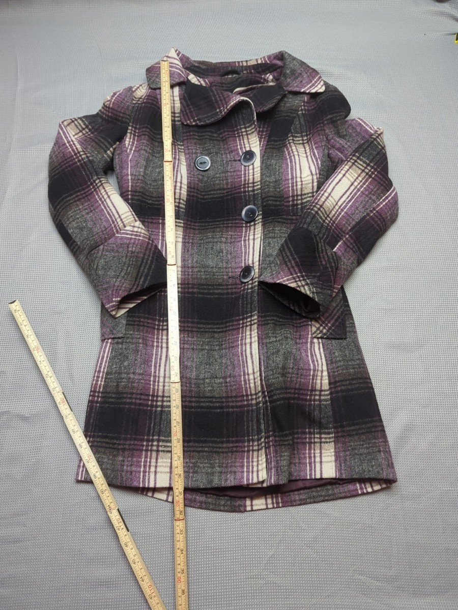 F&F Shacket Womens UK 10 Purple Checked Longline Borg Lined Wool