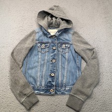 Abercrombie Kids Denim Jacket Boys XL Blue Gray Hooded Sweatshirt Sleeve Casual