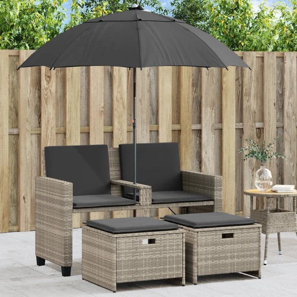 Gartensofa 2-Sitzer Sonnenschirm Und Hocker Hellgrau Polyrattan-image