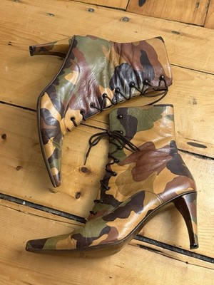 Armando Pollini Leather Camo Lace Up Ankle Boots 38
