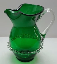Pitcher  Emerald Green Hand Blown Applied Clear Glass Ruffle & Handle Vintage 