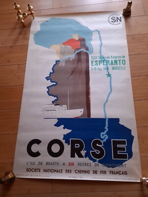 ORIGINAL POSTER LITHOGRAPHIE KORSIKA, (SNCF) ILE DE BEAUTE, ESPERANTO