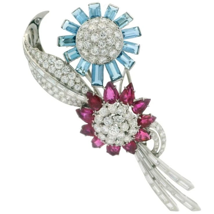 26.82 TCW Ruby ,Aquamarine & Sapphire Flower With Petal Design Women's Brooch - Image 2 of 4