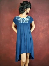 Altar'd State Navy Blue Shift Aztec Boho Hippie Dress M Cap Sleeves Hi Low Hem