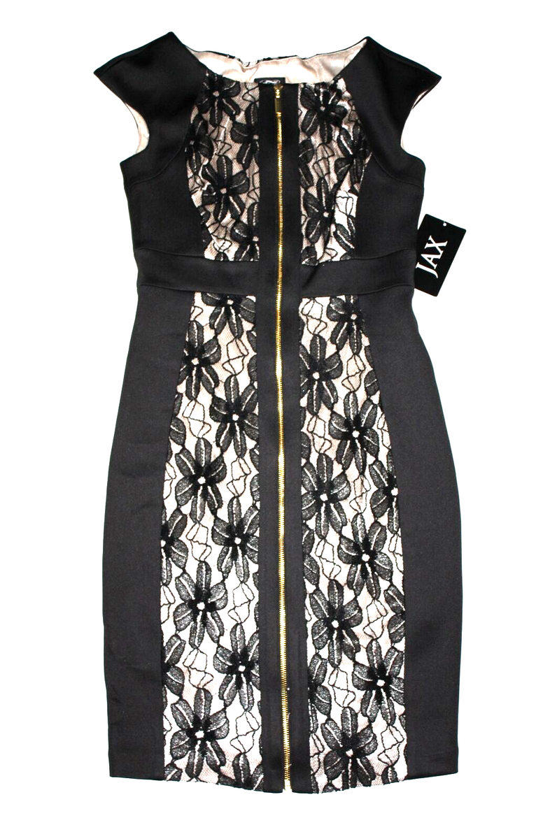 NWT JAX Black Floral Lace Exposed Zip-Front Cap-Sleeve Sheath Dress 4 $138