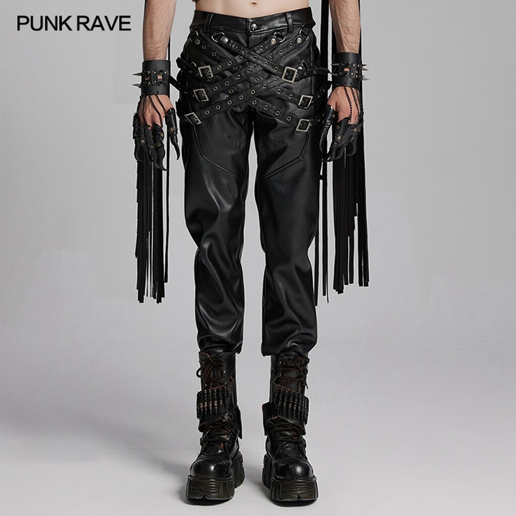 Punk Rave Men Black Gothic Punk Street Trousers Cross Buckle Pu