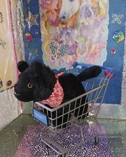   Ganz /Webkinz "Black Wolf" HM700 w/Yellow Eyes Red Bandana Standing 10" Plush 