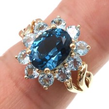 Classic 14k Solid Yellow Gold Natural Blue Topaz HALO Ring Size 5.5