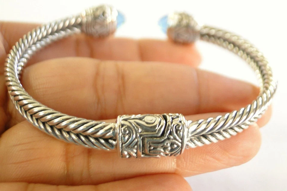 蓝色黄玉装饰巴厘岛 925 纯银袖口手镯手链 — 第 4/4 张图片