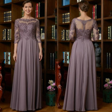 Purple Mother Of The Bride Gowns 3/4 Sleeves Sheer Neck illusion Appliqued Lace