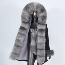 Winter Hooded Black Parka Long Jacket With Real Fox Fur