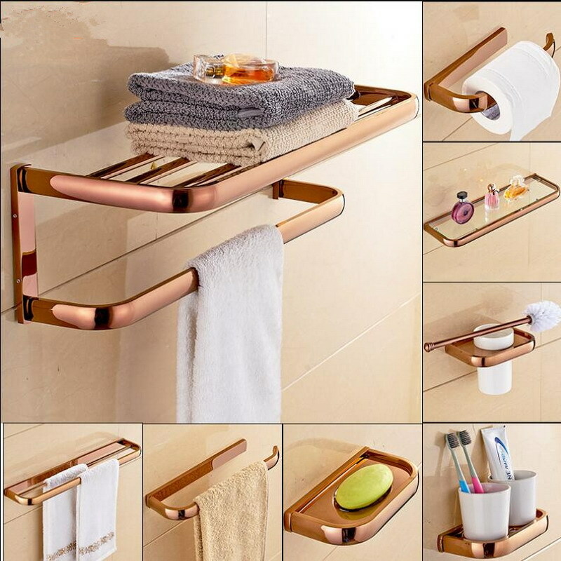Rose Gold Bathroom Accessories Wall Mounted Towel Holder Rack Bath Hardware  Set