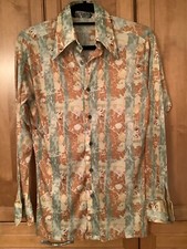 Vtg 60s 70s Shirt DESIGNERS CHOICE Disco Dagger Collar Mens MED L/S Trees/Canoe