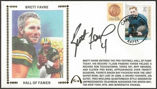 Brett Favre Signed Football Hall of Fame Gateway Stamp Cachet Green Bay Packers