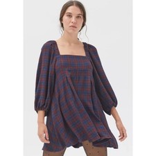 Urban Outfitters Lachlan Flannel Mini Dress Sapphire Smocked Women's XS