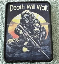 DEATH WILL WAIT SNIPER 3x3 Embroidered Morale Patch Hook Backing Brand New