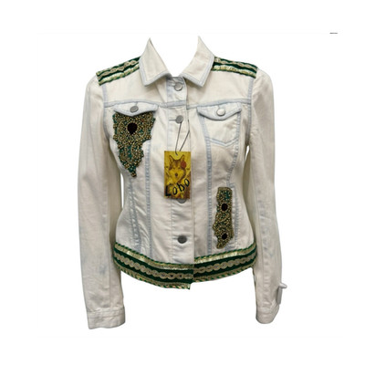 LOLO Women's White Jacket Green Embellished Applique Button Front Short M