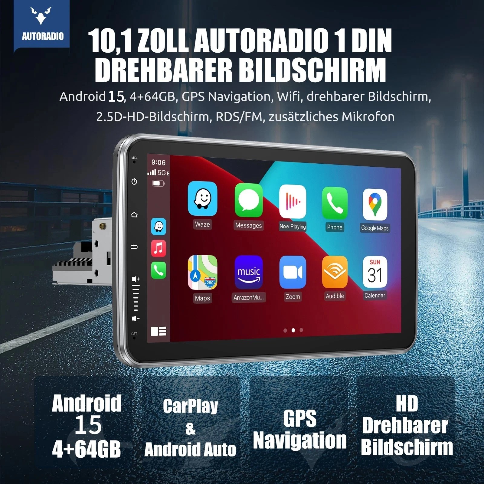 DAB+ 4+64GB Android 15 Carplay Autoradio 1 DIN GPS Navi 360° Girevole Schermo foto 2