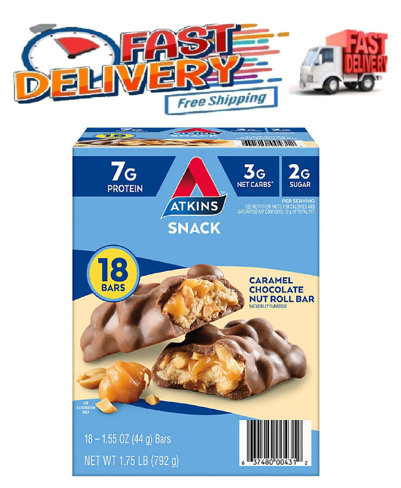 Atkins Anytime Snacks Snack Bar Caramel Chocolate Nut Roll 18 ct