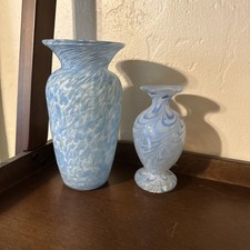 Hand Blown Blue and White Splatter Art Glass Vases. 4 W X 8 H and 3 W X 6 H