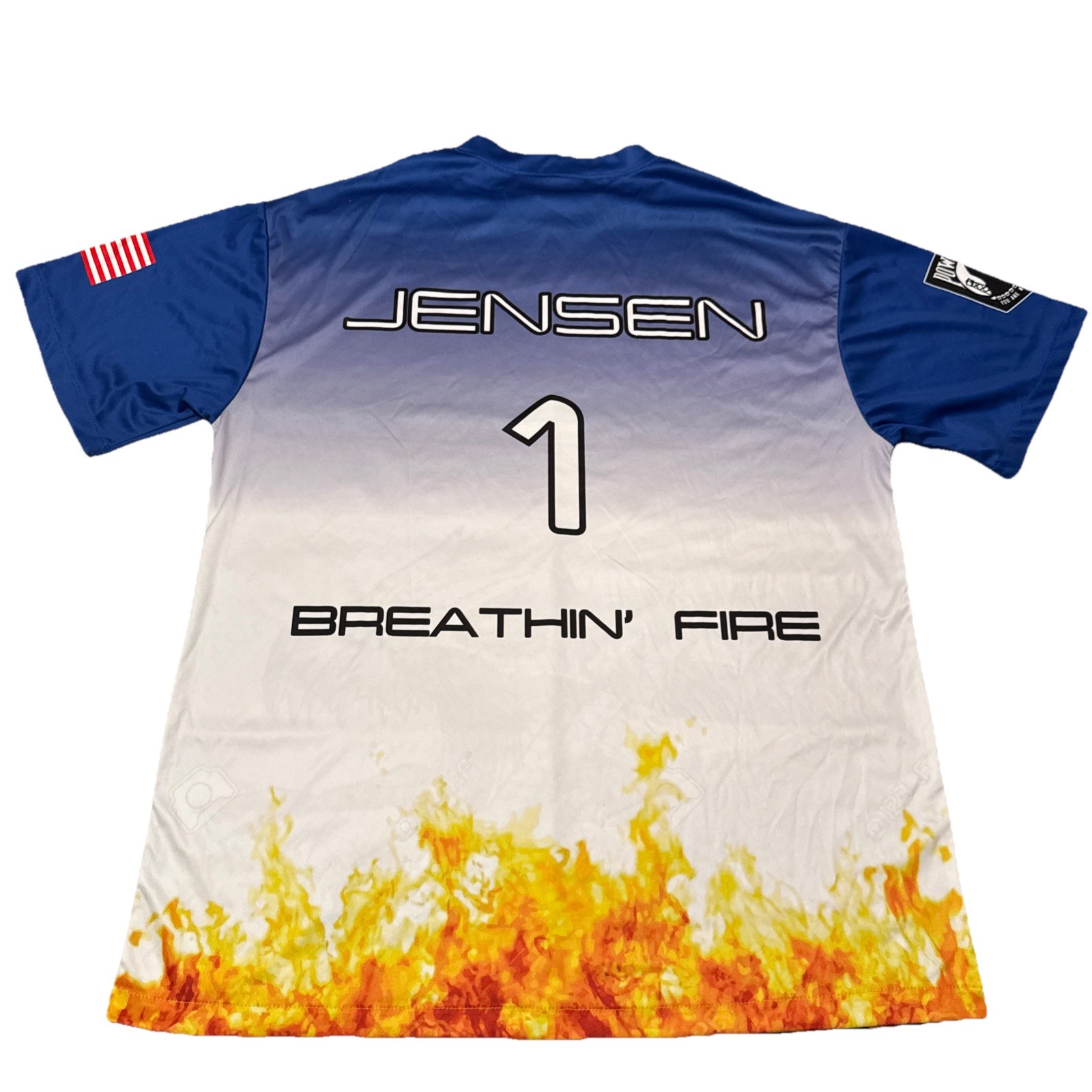 Compass Sports OSS Dragon Fire Jersey Blue White Jensen 1 Breathin Fire Mens L image 2
