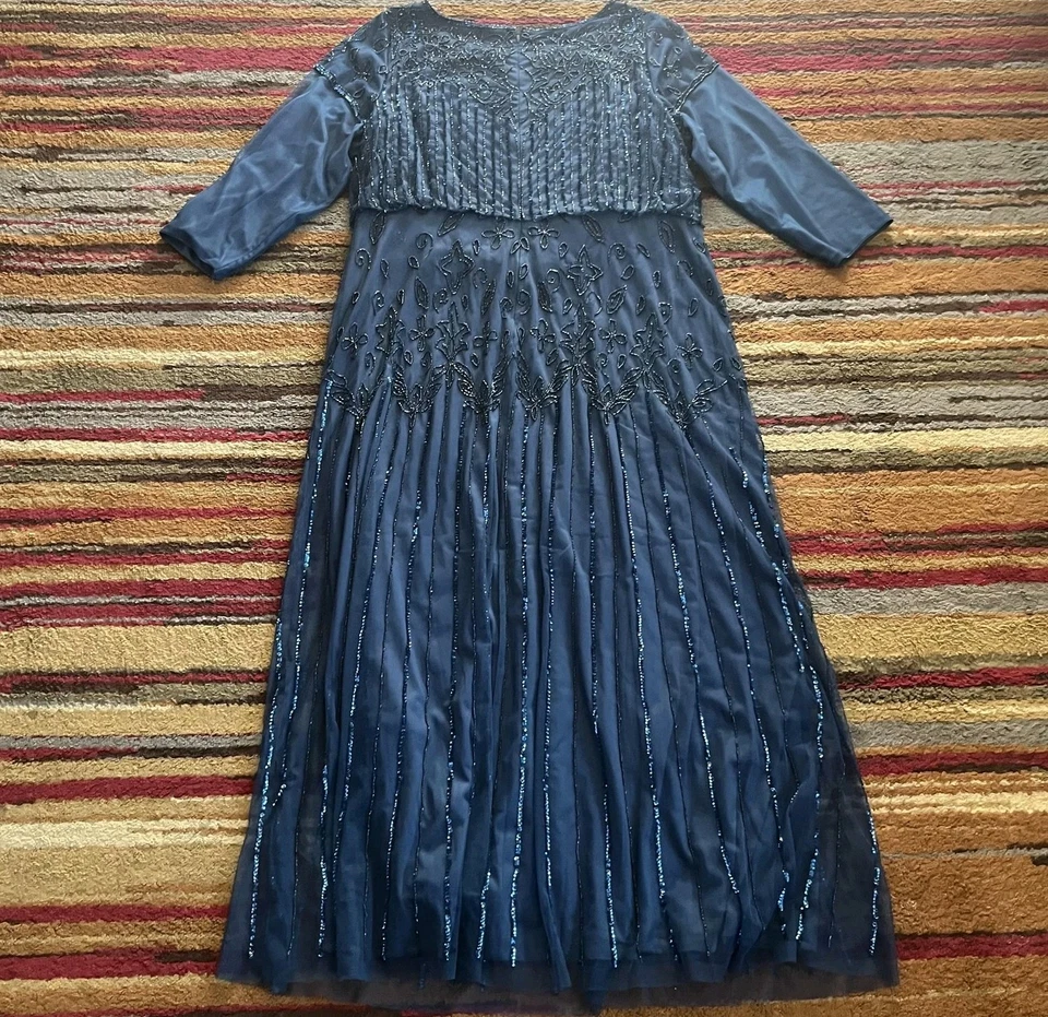 Adrianna Papell Dress Womens 20W Blue Beaded Sequin Gown Evening Formal Maxi - Image 2 of 4